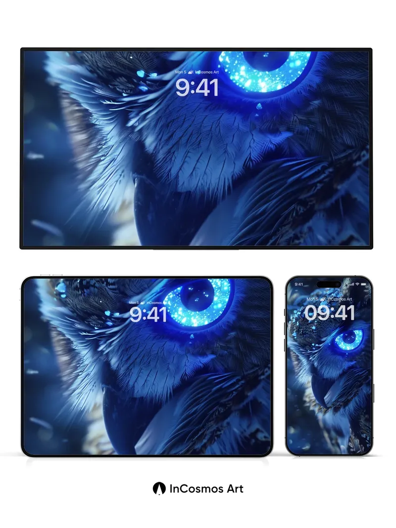 Electric Gaze Wallpaper with Frost-Laced Feathers