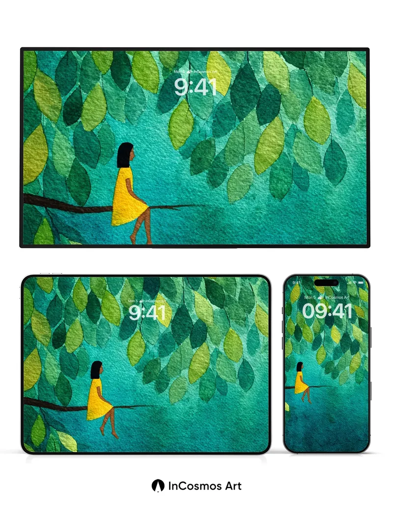 Serene Canopy Wallpaper with Floating Leaves