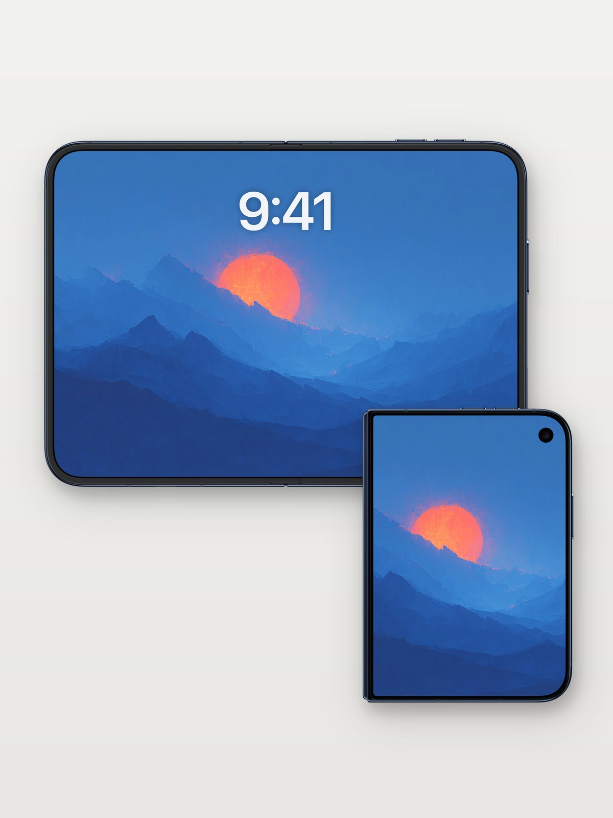 Crimson Horizon Wallpaper with Misty Peaks on iPhone Duo, open and closed