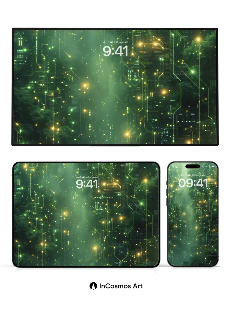 Neon Forest Wallpaper with Circuit Veins