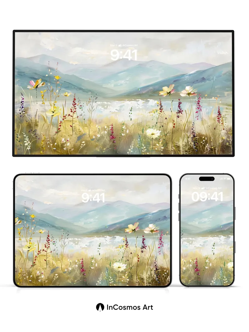 Serene Meadow Wallpaper with Floating Petals