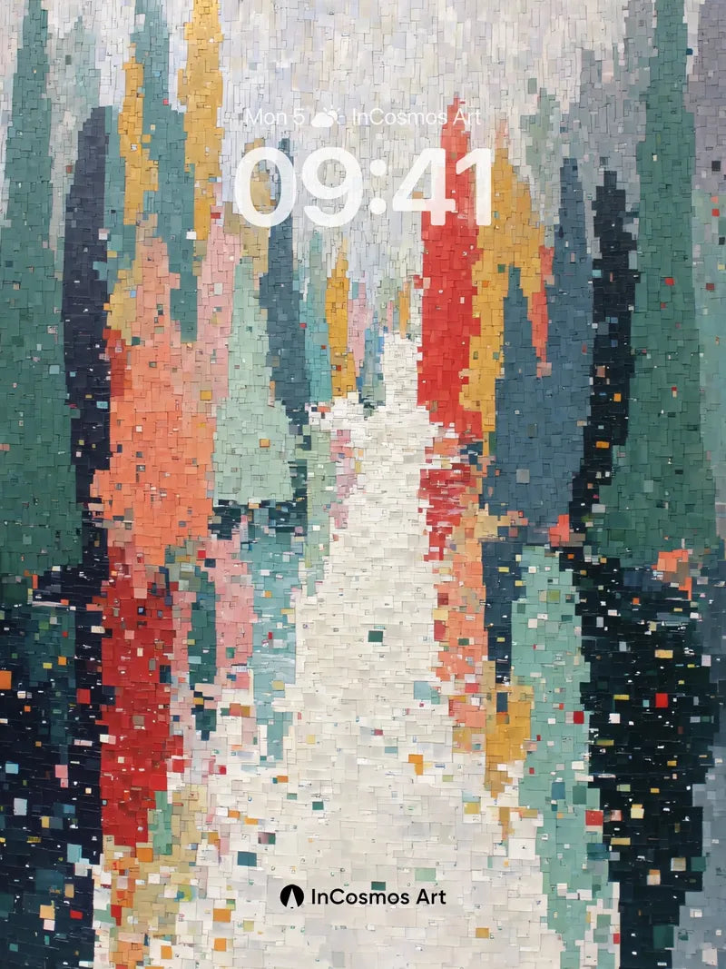 Mosaic Forest Path Wallpaper with Pixelated Light wallpaper for iPhone, iPad & Mac