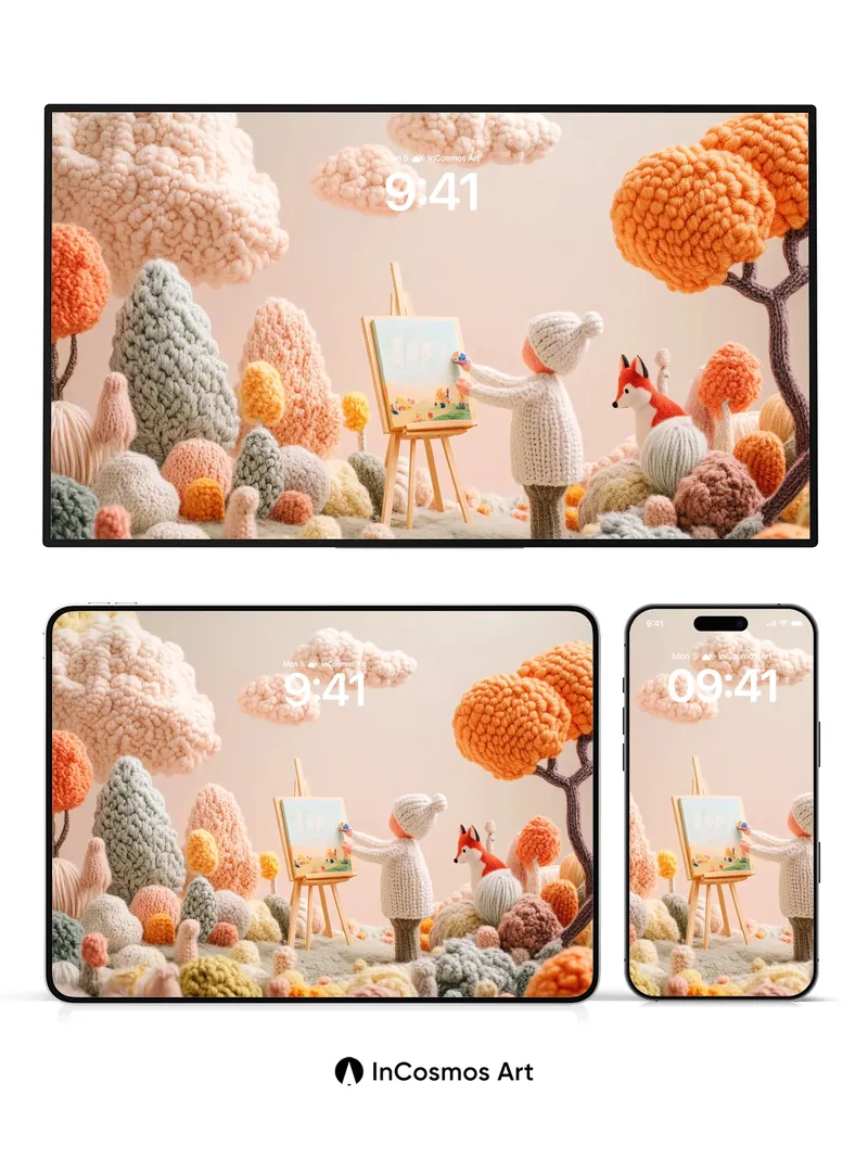 Whimsical Knit Forest Wallpaper with Artist Fox