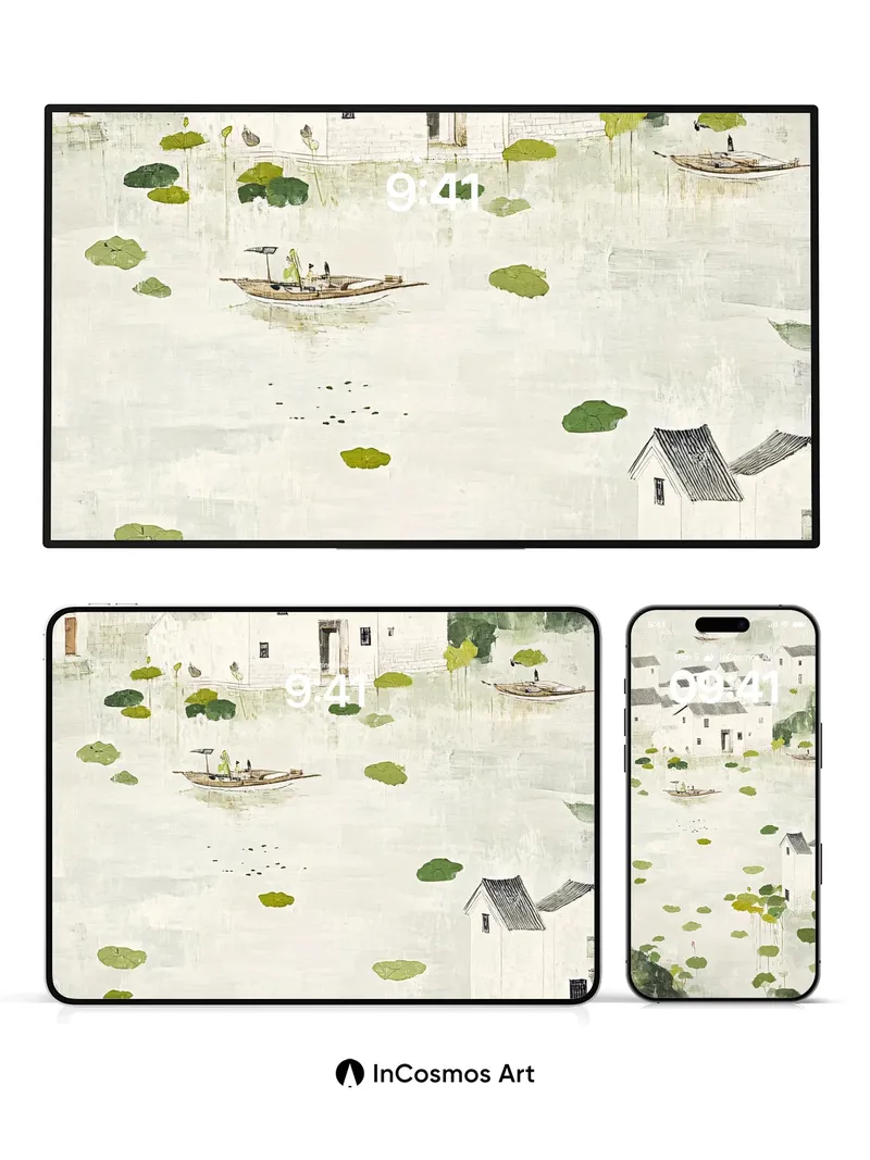 Serenity Watercolor Wallpaper with Floating Villages