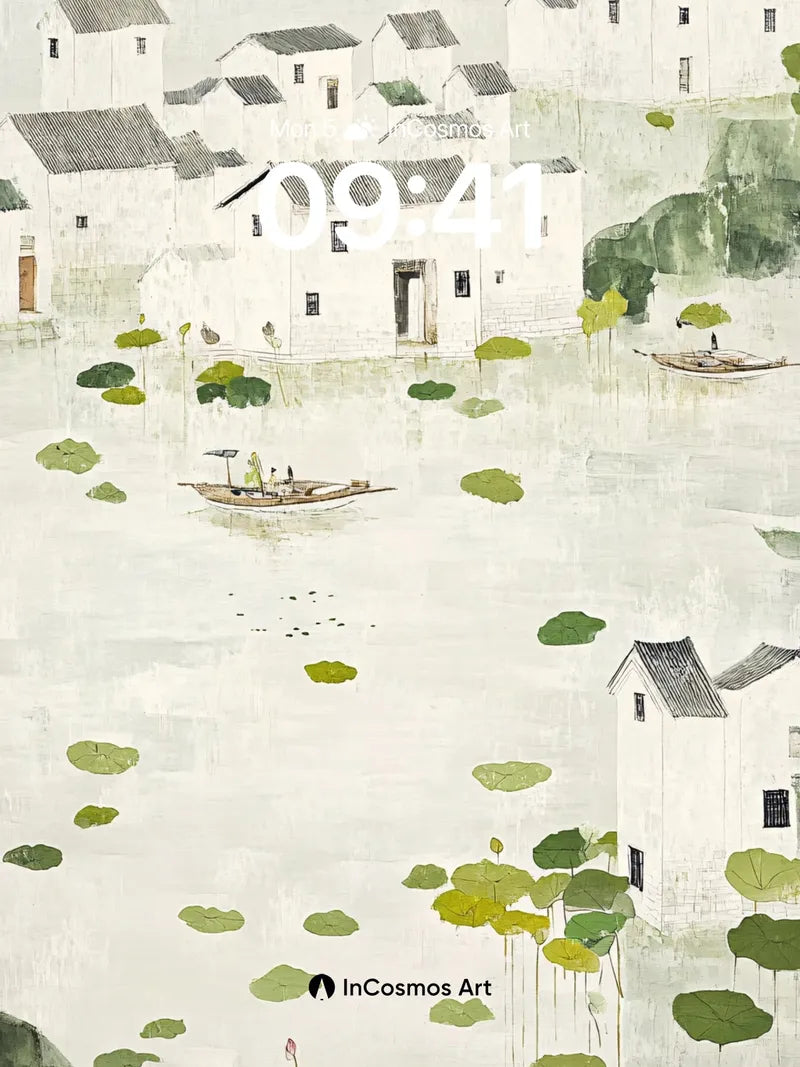 Serenity Watercolor Wallpaper with Floating Villages