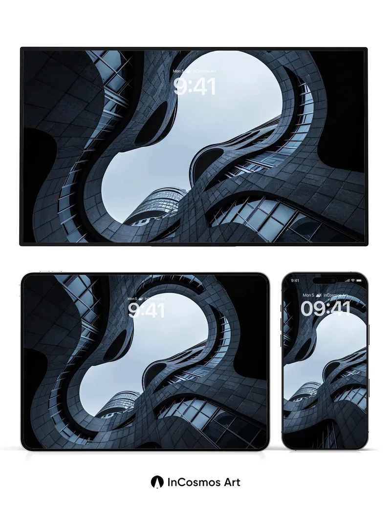 Twisted Skyline Wallpaper with Floating Arcs