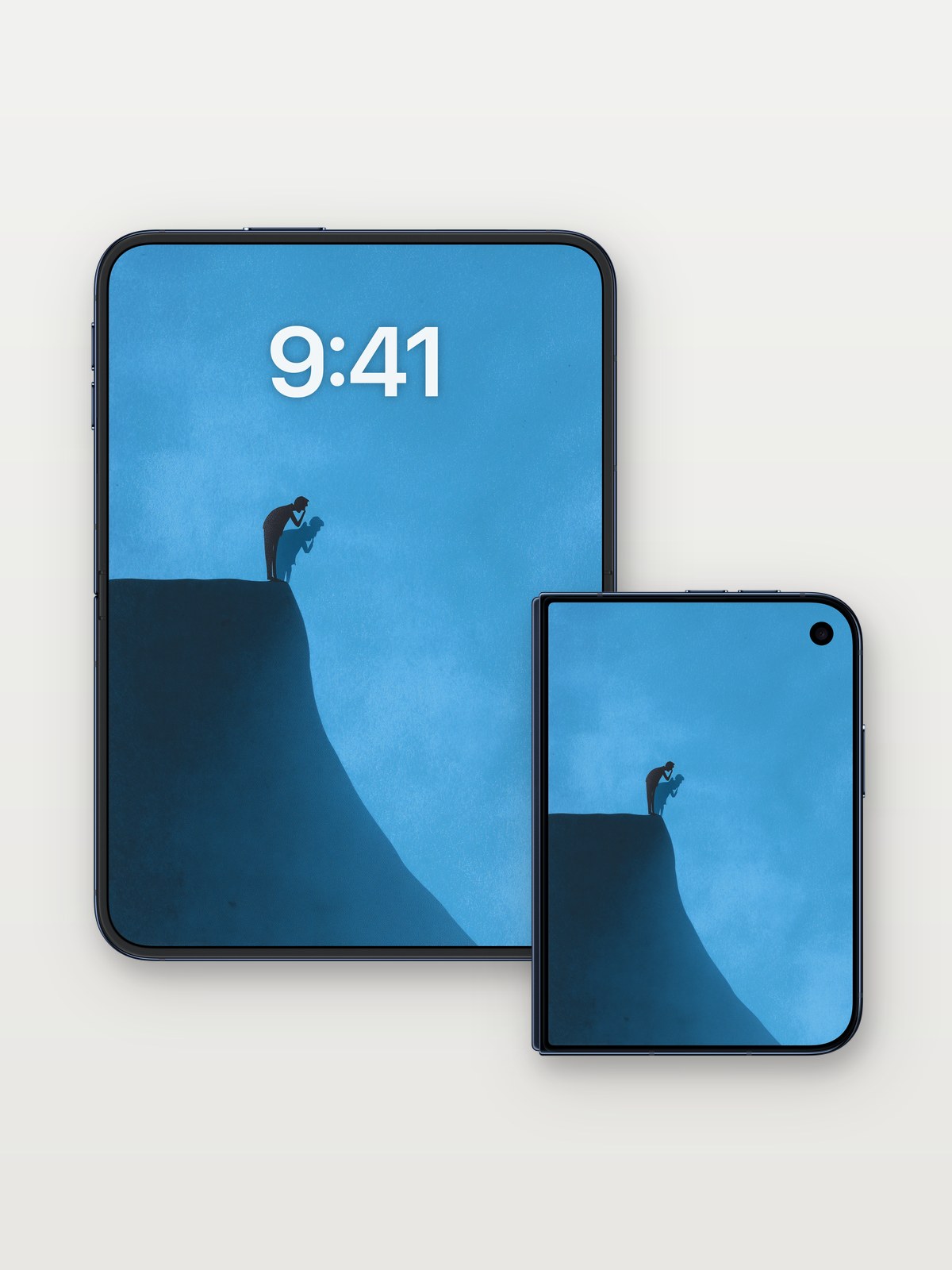Silhouette Solitude Wallpaper with Sky-Clad Edge on iPhone Duo, open and closed