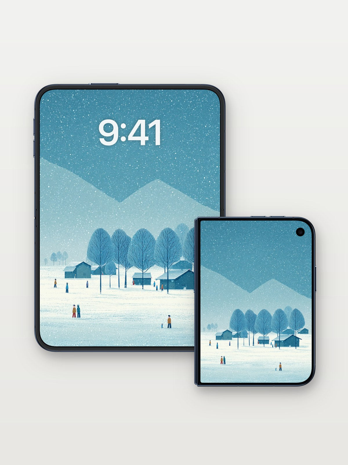 Silent Snowfall Wallpaper with Distant Peaks on iPhone Duo, open and closed