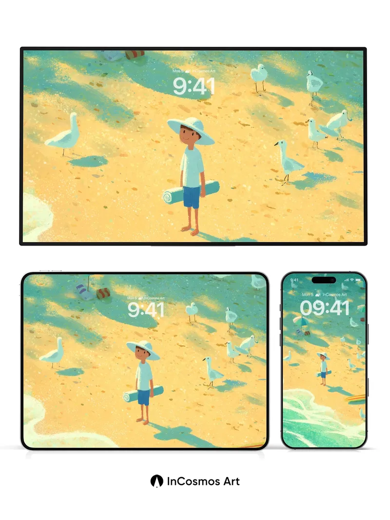 Golden Dappled Beach Wallpaper with Seagull Whispers