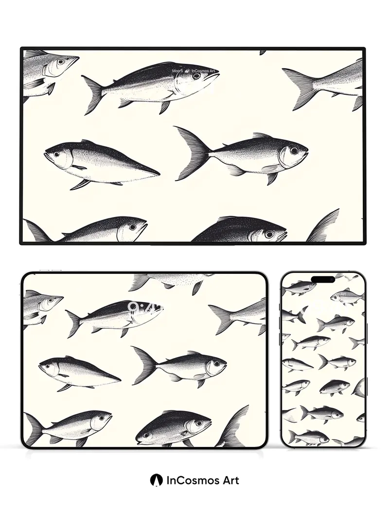 Silent School Wallpaper with Ink-Drawn Fish