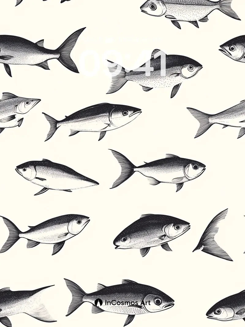 Silent School Wallpaper with Ink-Drawn Fish