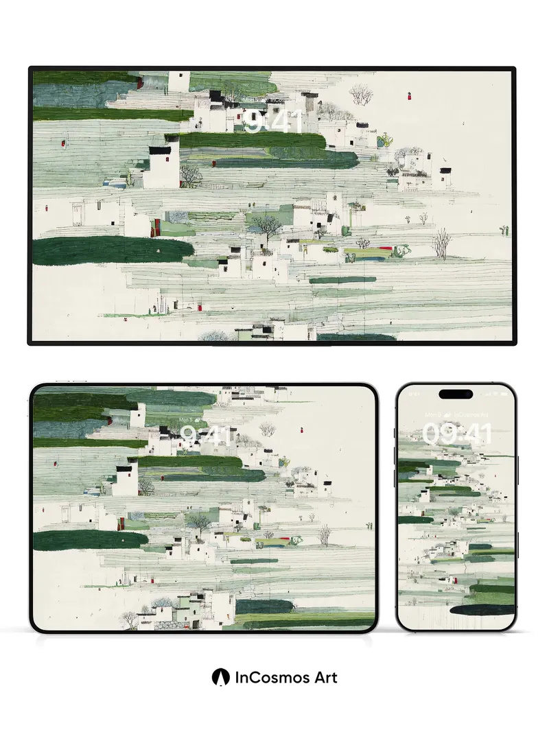 Layered Village Landscape Wallpaper with Green Terraces