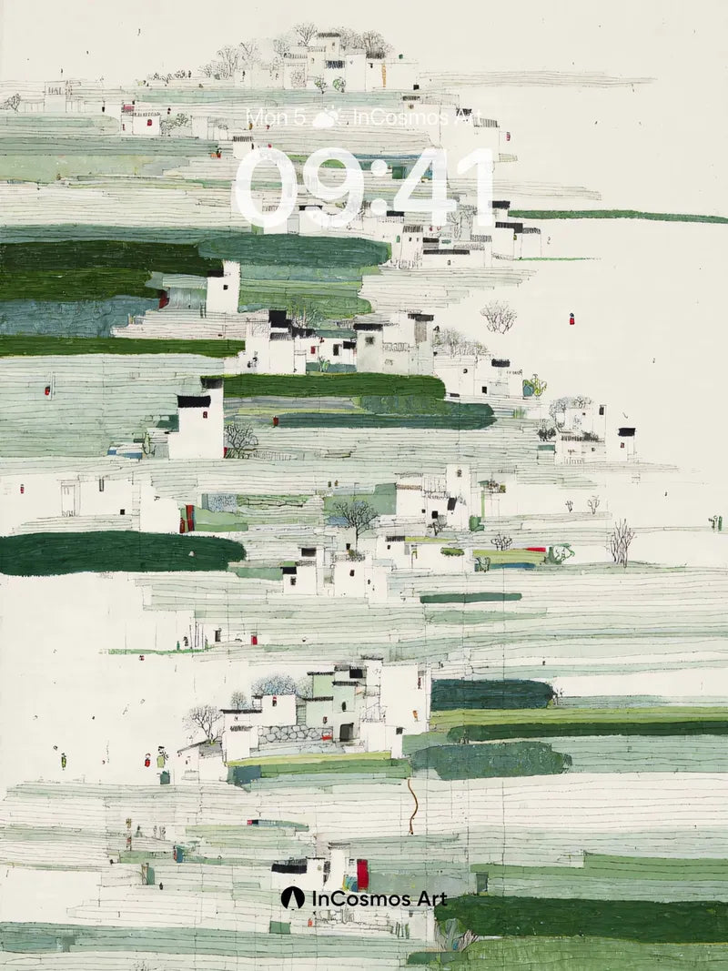 Layered Village Landscape Wallpaper with Green Terraces