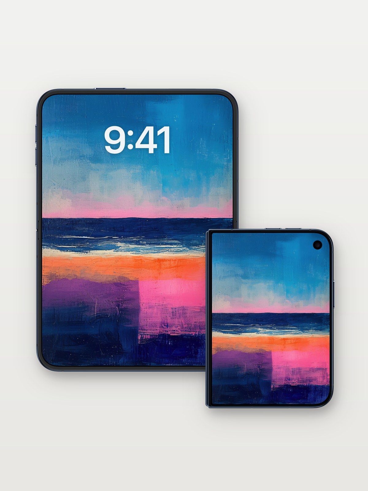 Crimson Horizon Wallpaper with Ocean Breath on iPhone Duo, open and closed