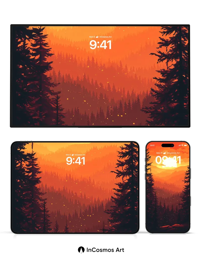 Crimson Horizon Wallpaper with Whispering Pines