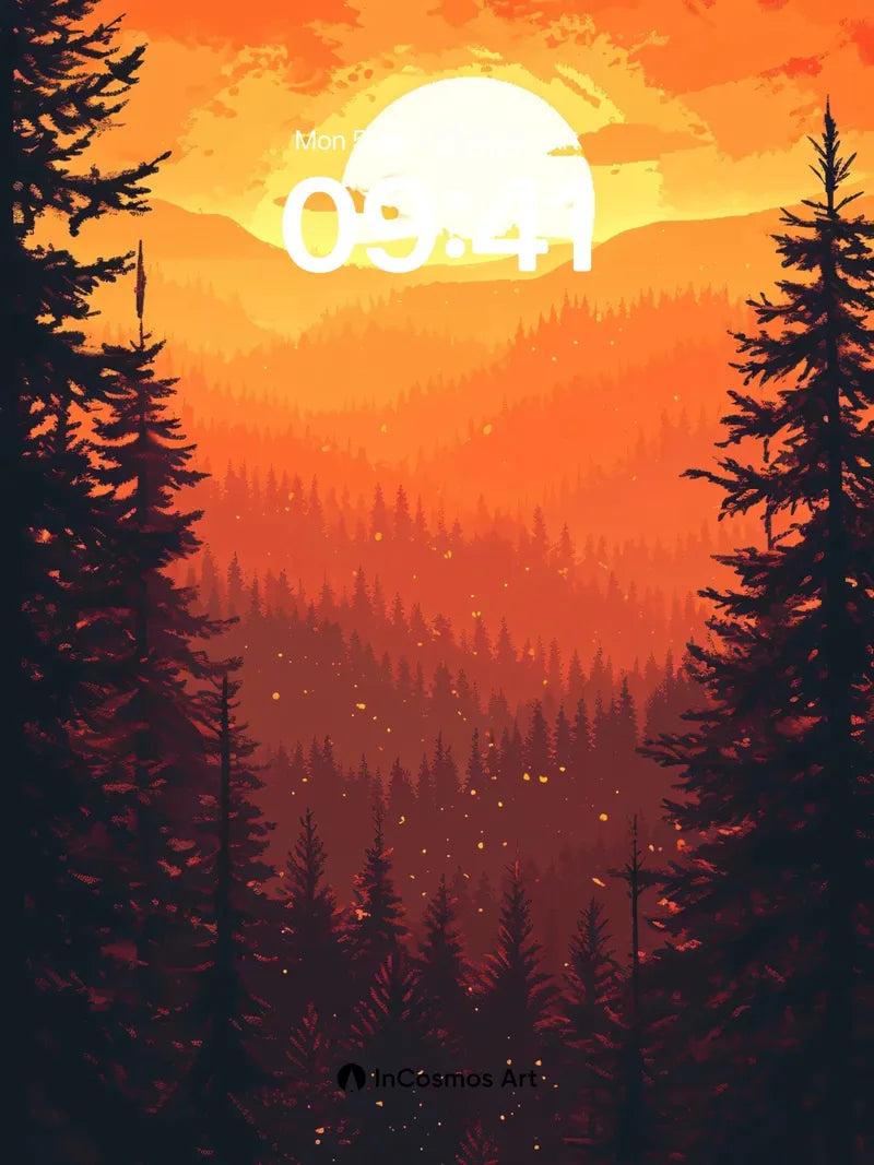 Crimson Horizon Wallpaper with Whispering Pines