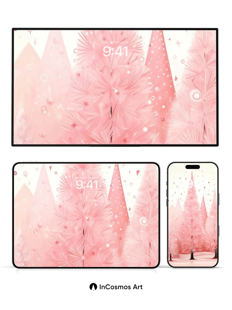 Whispering Pink Forest Wallpaper with Floating Stars