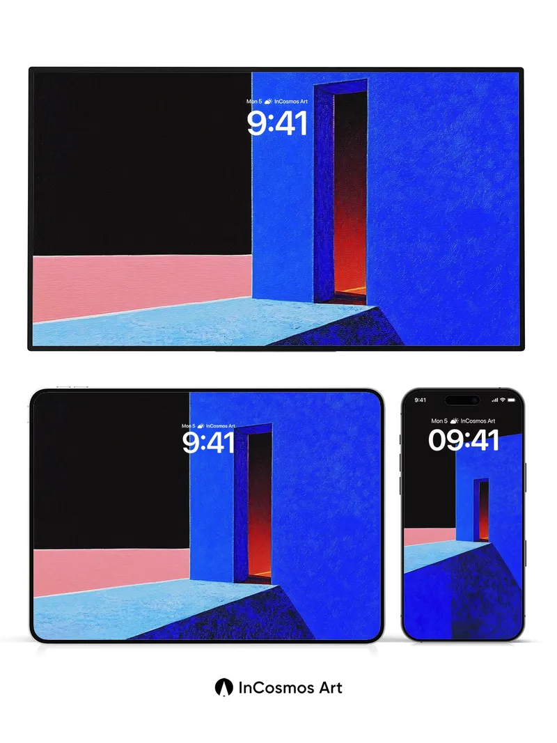 Silent Blue Door Wallpaper with Crimson Light