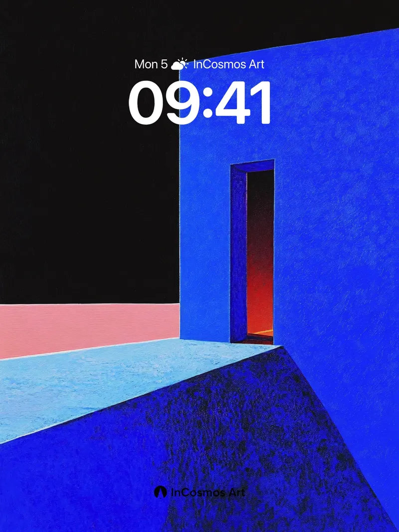 Silent Blue Door Wallpaper with Crimson Light