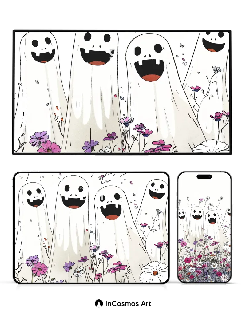 Playful Ghosts Wallpaper with Flower Fields