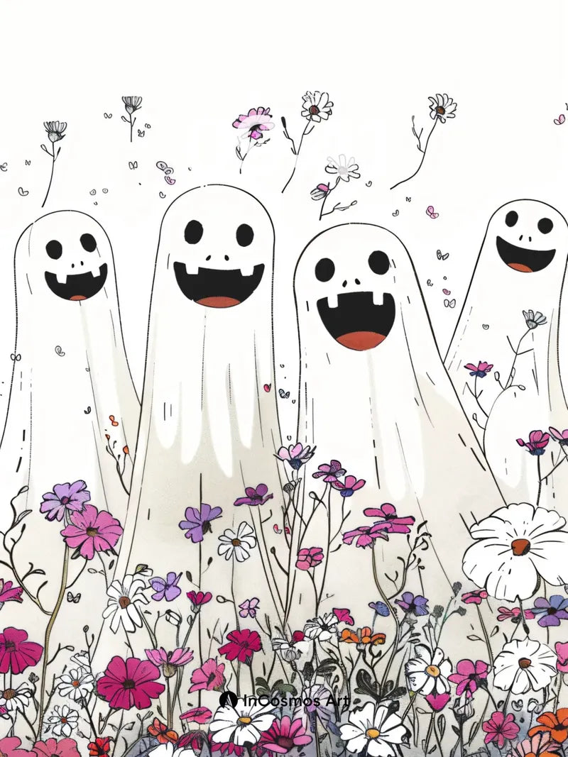 Playful Ghosts Wallpaper with Flower Fields