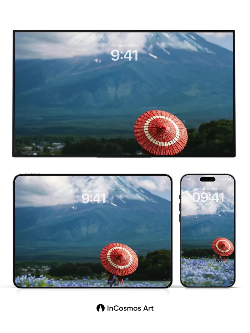 Serenity in Blue Fields Wallpaper with Red Umbrella