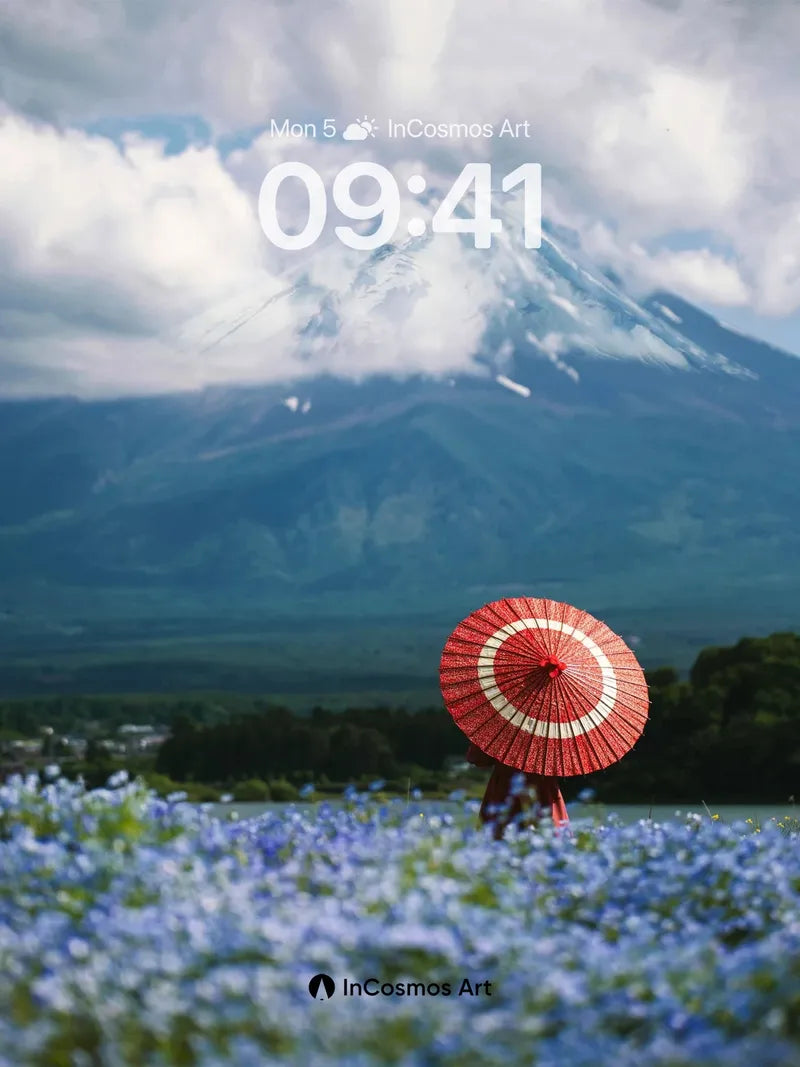 Serenity in Blue Fields Wallpaper with Red Umbrella