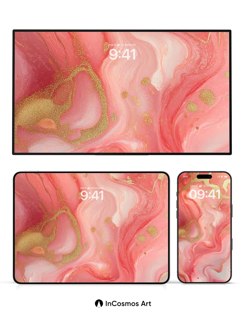 Luminous Coral Wallpaper with Golden Veins