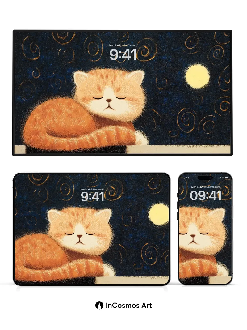 Serene Moonlight Cat Wallpaper with Swirling Night