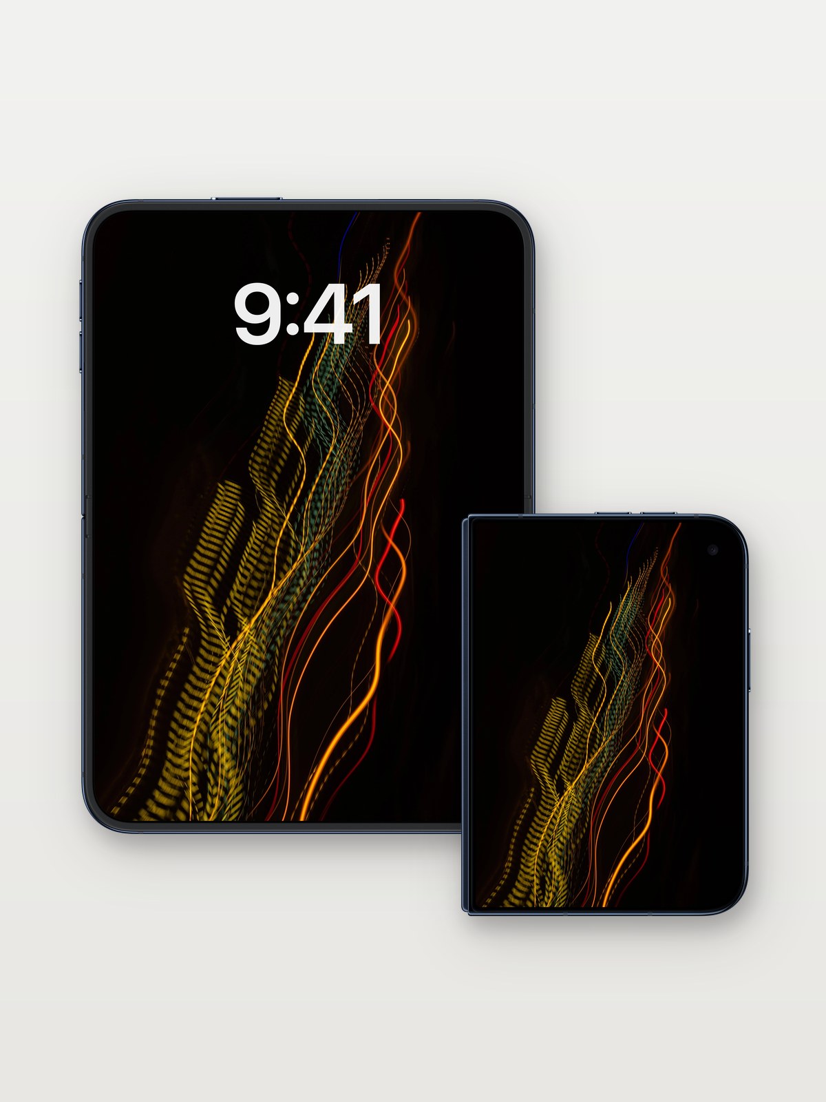 Neon Veil Wallpaper with Electric Trails on iPhone Duo, open and closed