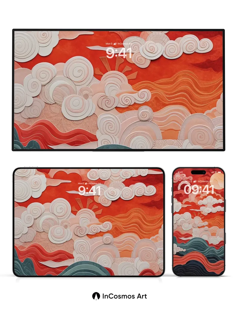 Crimson Horizon Wallpaper with Celestial Clouds