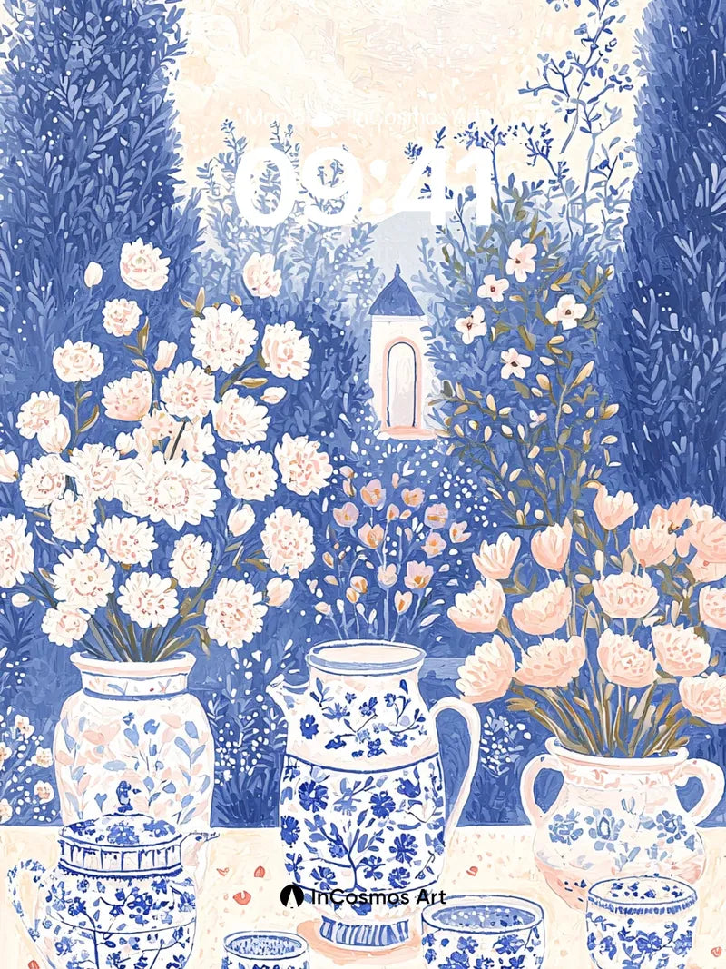 Serene Blue Garden Wallpaper with Porcelain Teaset wallpaper for iPhone, iPad & Mac