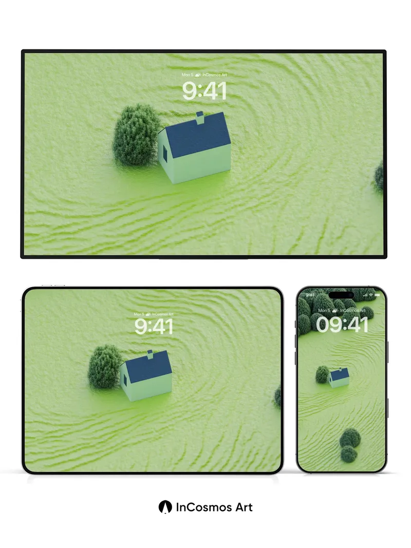 Serenity Meadow Wallpaper with Floating House