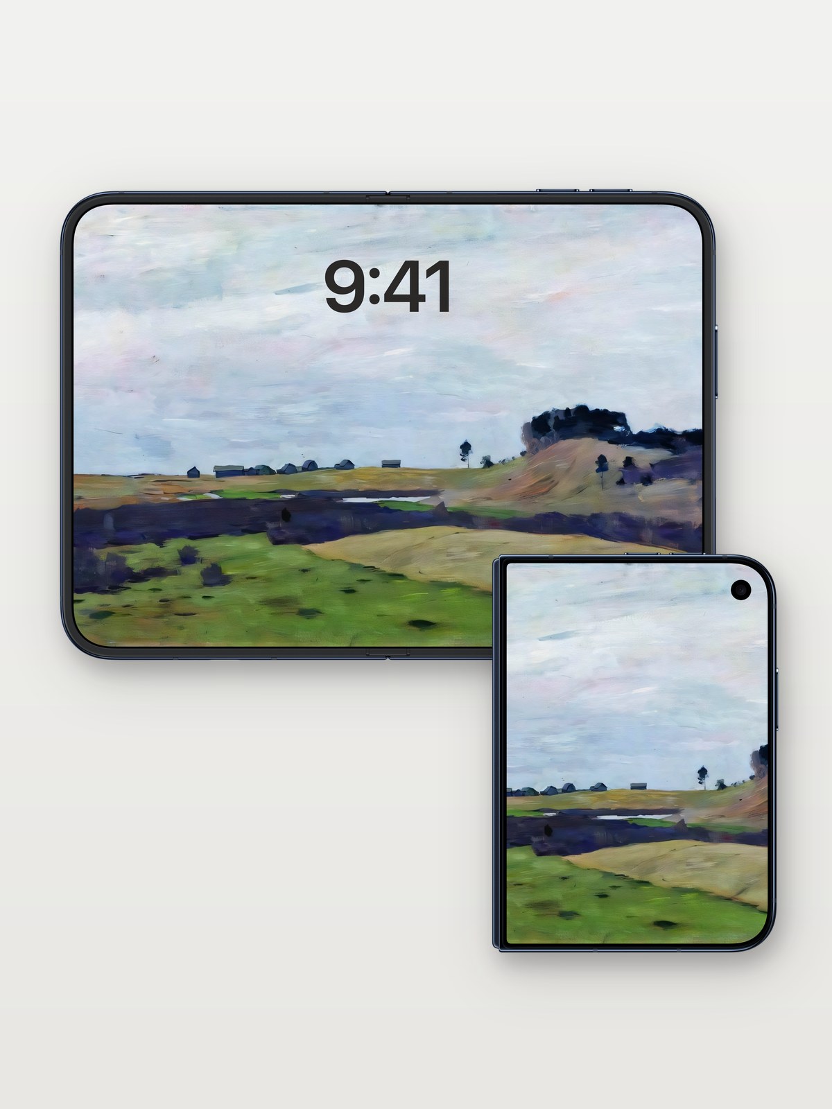 Serenity Field Wallpaper with Van Gogh's Brushstroke Echo on iPhone Duo, open and closed