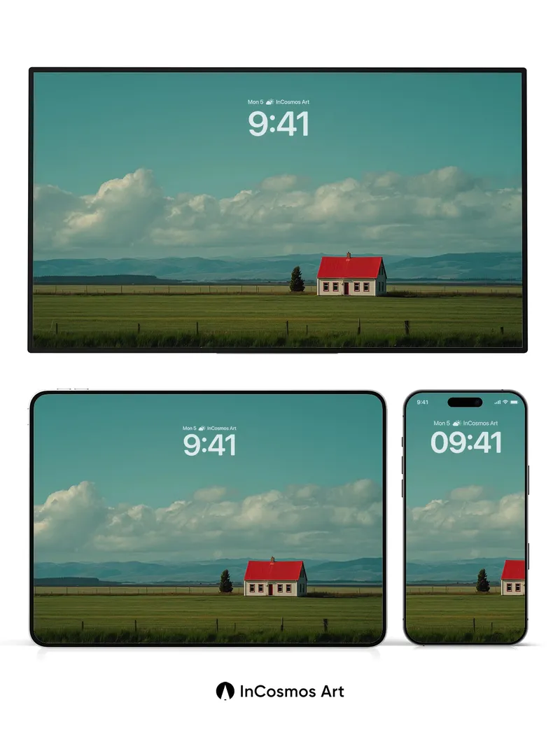 Serenity Field Wallpaper with Red Roof Solitude