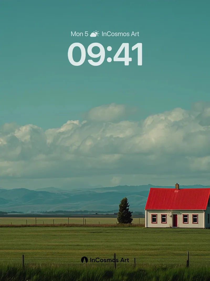 Serenity Field Wallpaper with Red Roof Solitude