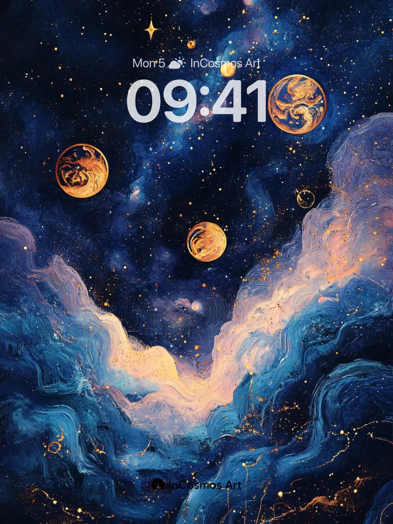 Celestial Drift Wallpaper with Golden Orbs wallpaper for iPhone, iPad & Mac