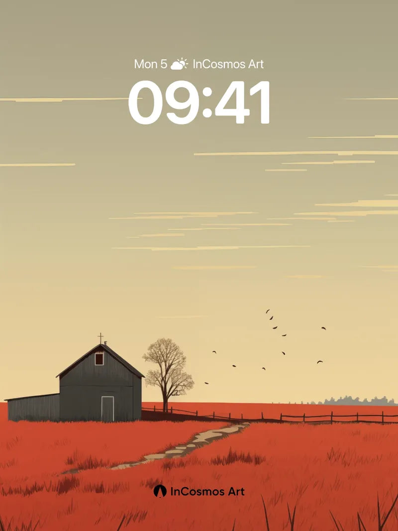 Crimson Field Wallpaper with Silent Barn