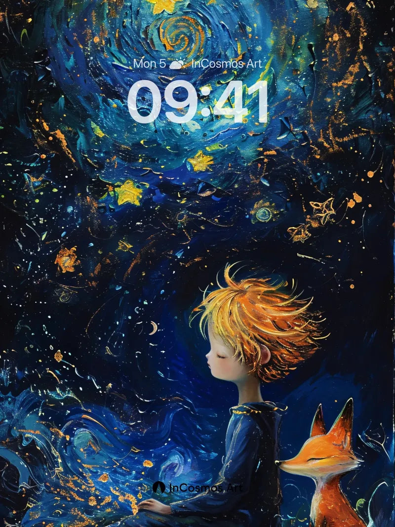 Starry Whispers Wallpaper with Fox and Child wallpaper for iPhone, iPad & Mac