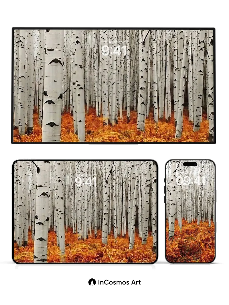 Silent Birch Forest Wallpaper with Autumn Embers