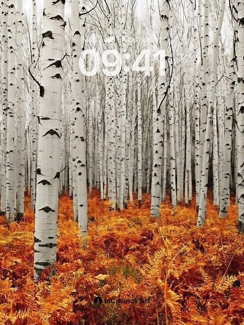 Silent Birch Forest Wallpaper with Autumn Embers