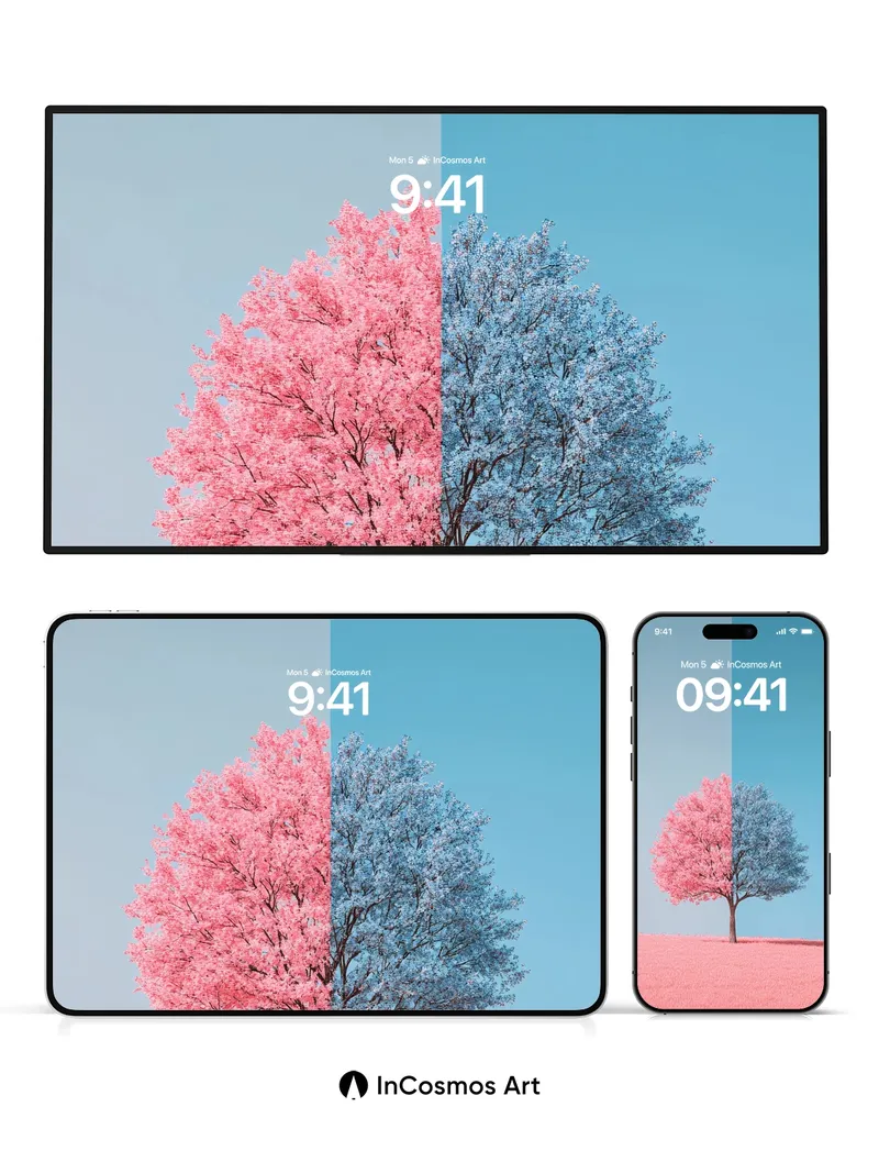 Surreal Divide Wallpaper with Dual-Color Tree