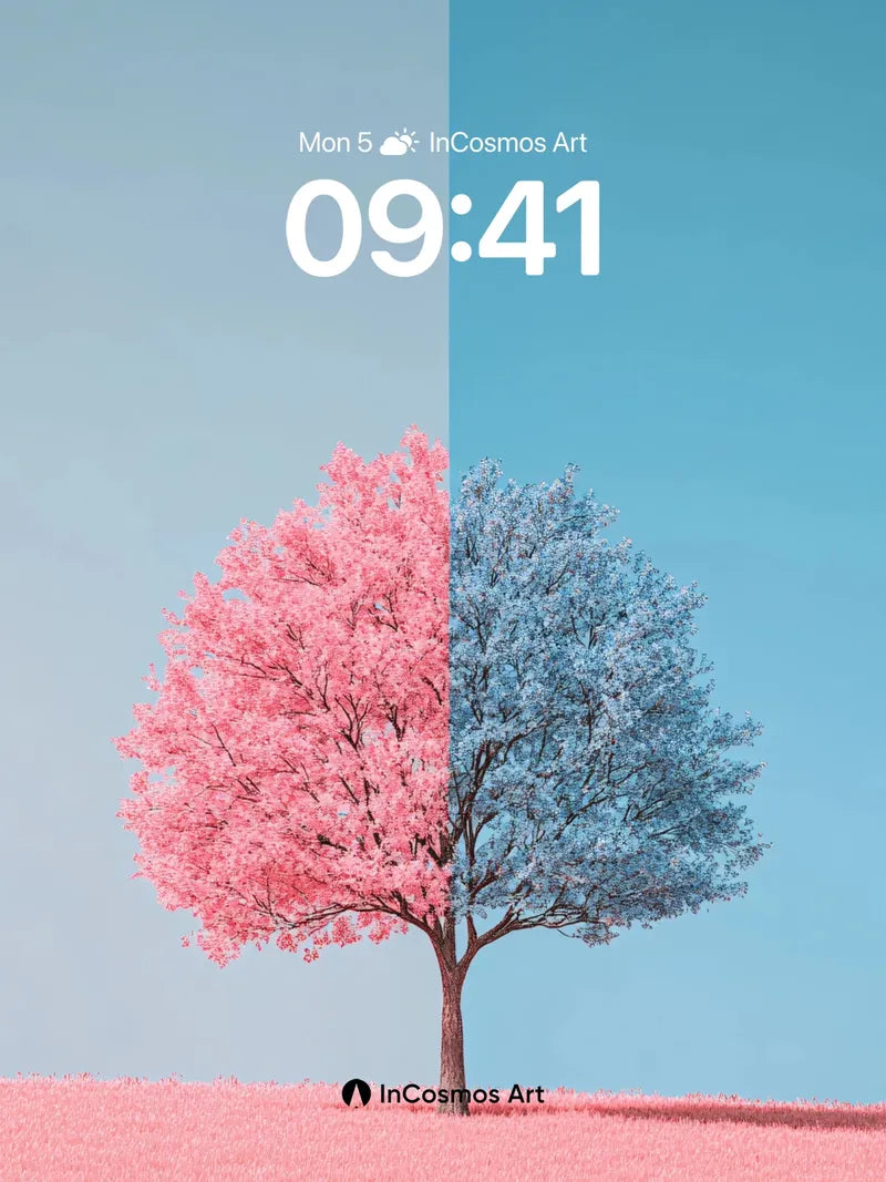 Surreal Divide Wallpaper with Dual-Color Tree