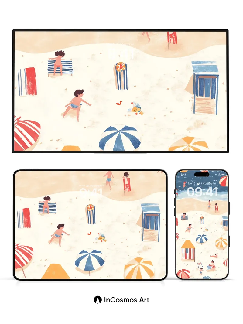 Sun-Drenched Playful Beach Wallpaper with Striped Canopies
