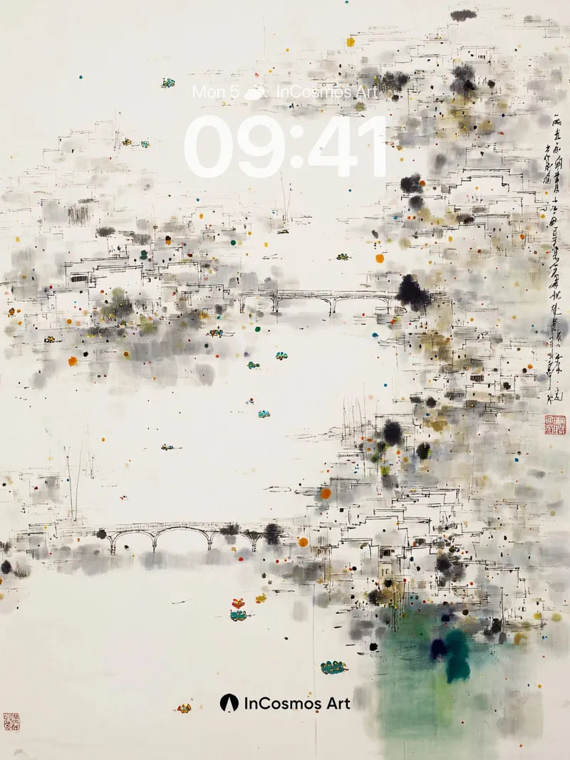 Serene Ink Wash Wallpaper with Floating Dots wallpaper for iPhone, iPad & Mac