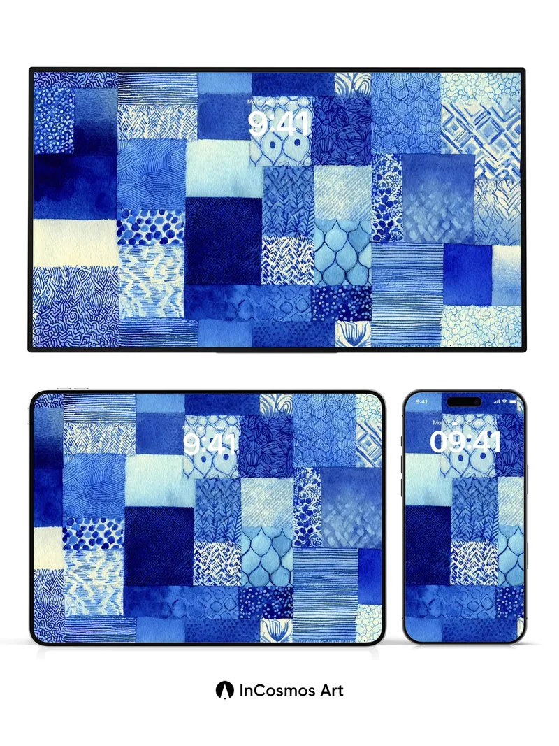 Indigo Tapestry Wallpaper with Patchwork Patterns