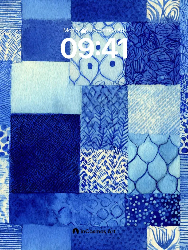 Indigo Tapestry Wallpaper with Patchwork Patterns
