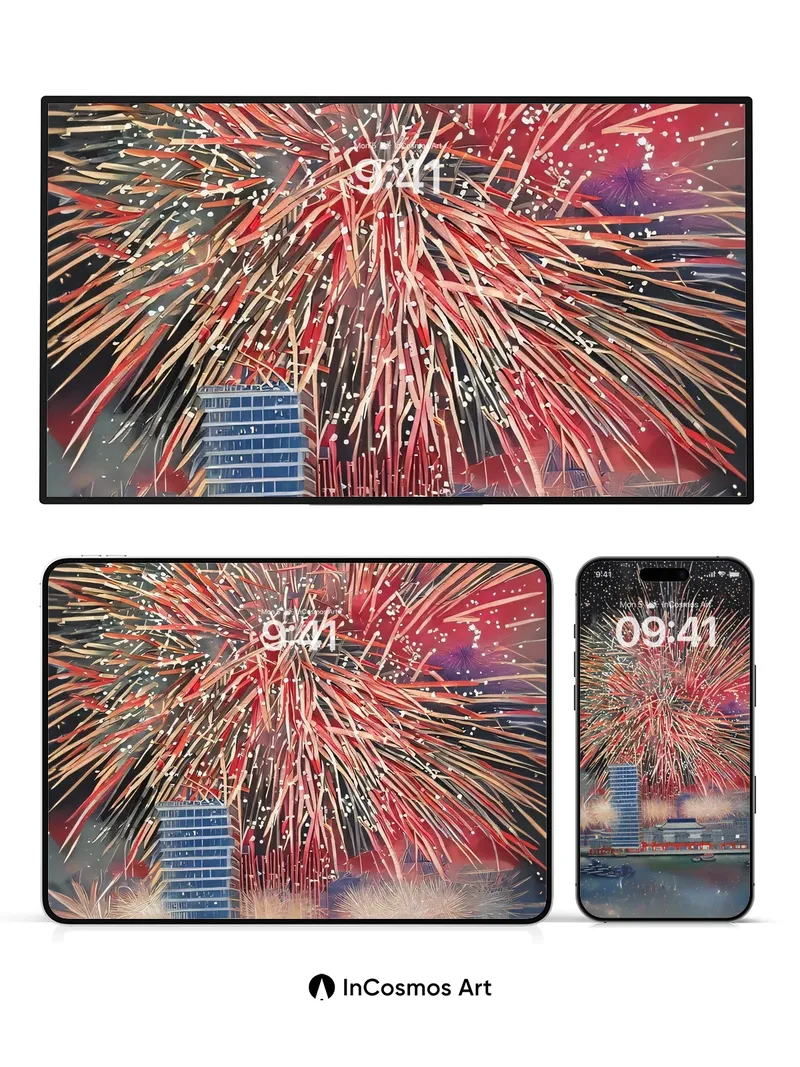 Crimson Burst Wallpaper with Floating Temples