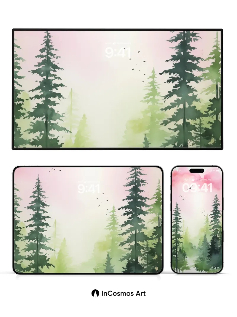 Serene Forest Wallpaper with Floating Birds