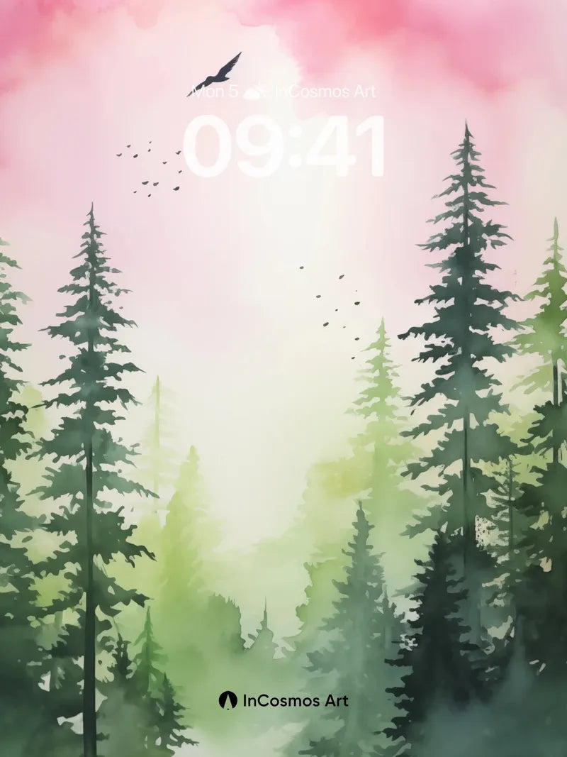 Serene Forest Wallpaper with Floating Birds